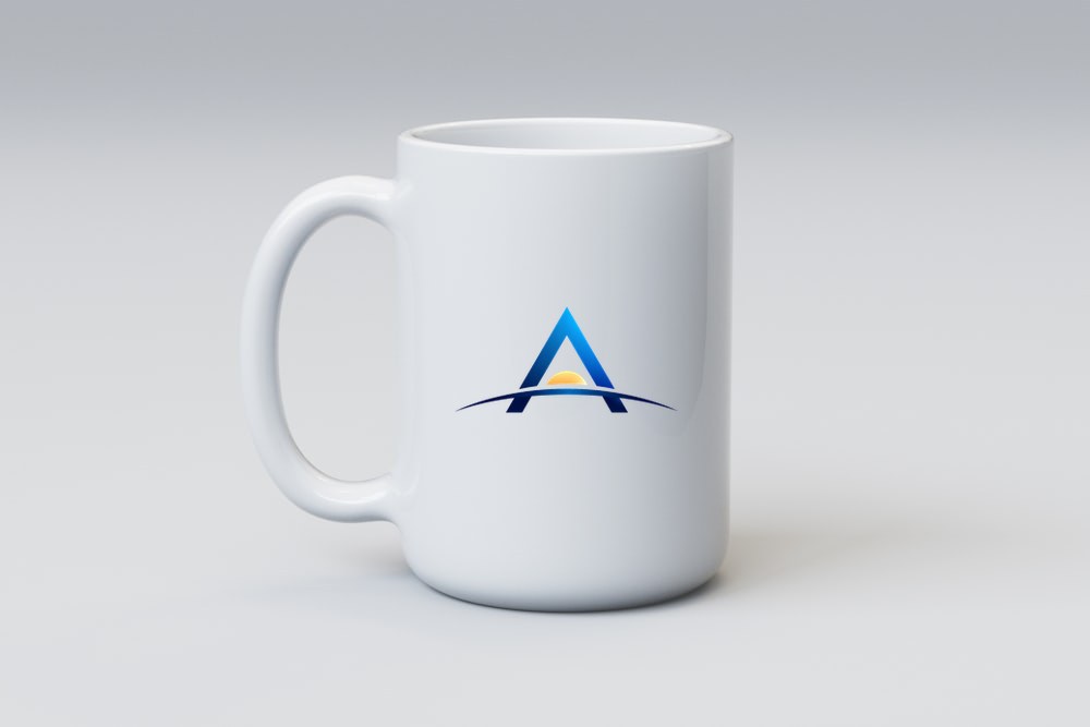 Caneca de porcelana branca com o símbolo da AI Horizon Labs aplicado no corpo